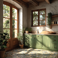 Gabinetes de Cocina de Madera Contrachapada con Acabado Verde Bosque Mate, Puertas de Vidrio Arqueadas, Herrajes Dorados y Encimera de Mármol, Hechos a Medida