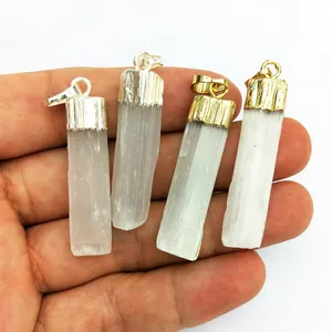 wholesale gypsum stone gems pendant gold silver plated capped white bar pendant natural selenite charm jewelry accessories craft
