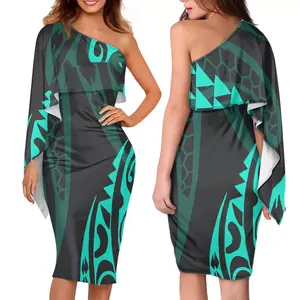 Vestido ceñido informal con volantes y un hombro para mujer, ropa de fiesta de noche, tatuaje Tribal maorí, Turquesa