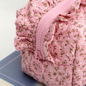 Custom Print Bow Zipper for Floral Cotton Women's Cute Travel Makeup <b>Storage</b> for <b>Bag</b> Ruffle <b>Quilted</b> Pouch - Product Image 3