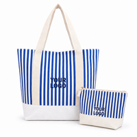 Sac fourre-tout à rayures nautiques, ensemble cadeau en toile de coton avec logo personnalisé, chapeau bob, pochette à cosmétiques, sac de shopping promotionnel en gros