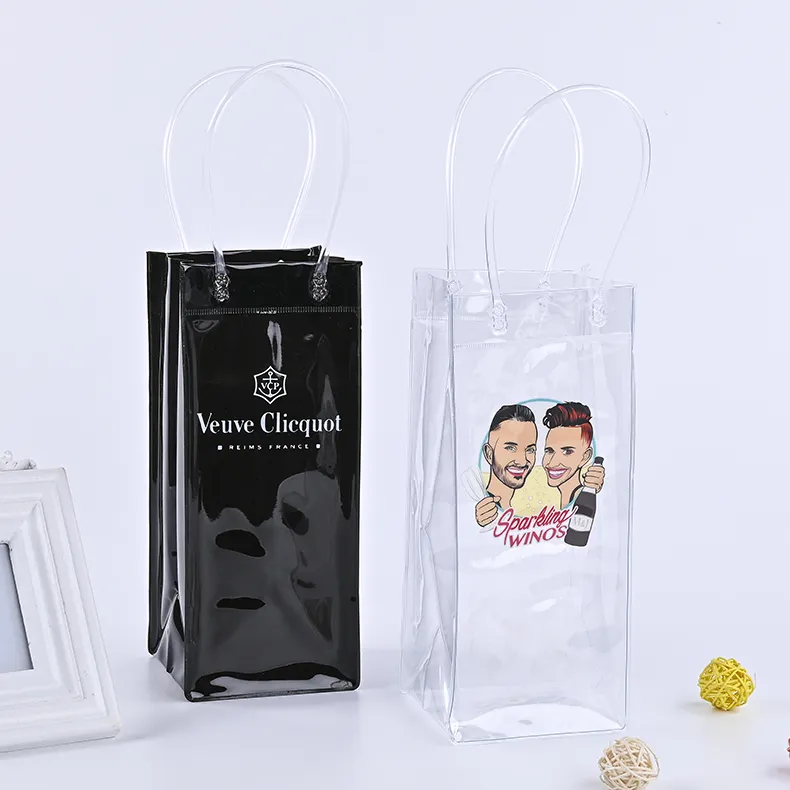 Impression couleur Transparent PVC vin Glace Sac Vin Poche Glacière Sac avec Poignée champagne sacs