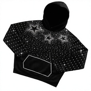 Sweat-shirt à capuche court unisexe noir à étoiles en strass, imprimé pailleté, coupe oversize, tricoté, décontracté, pour l'automne - Product Image 3