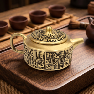 กาน้ำชาทองเหลืองแบบจีนโบราณพร้อมฝาและหูจับ ตกแต่งด้วยลายอักษรโบราณ - Product Image 2