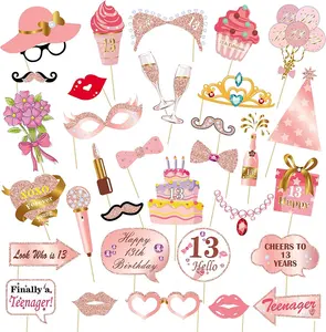 Accessoires de photobooth à paillettes en or rose pour filles, décorations pour fêtes d'anniversaire pour femmes, fournitures de bricolage, 33 pièces