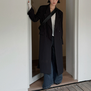 Giacca da <span class=keywords><strong>donna</strong></span> con Longline doppiopetto gessato, <span class=keywords><strong>Trench</strong></span> <span class=keywords><strong>oversize</strong></span> con risvolto per eleganti spostamenti - Product Image 2