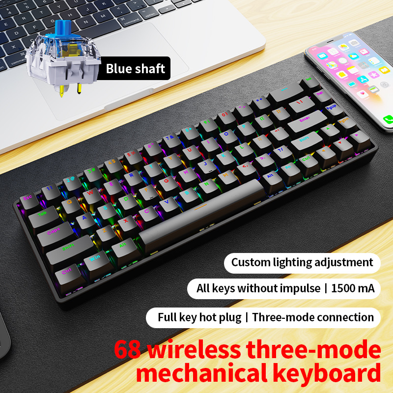 AK68 Clavier sans fil Tri-mode Noir, Switch Bleu