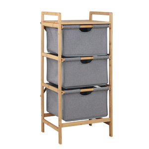 Home 3 Tier Bamboo Laundry Basket Rack with Removable Storage Bag and Handle
