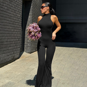 Mono negro de mujer con cuello halter, sin mangas, espalda descubierta, pantalón largo acampanado, ajustado, para fiesta, club, elegante, de noche, a la moda - Product Image 5