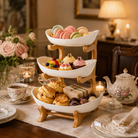 Support de service en bambou à 3 niveaux avec bols en céramique, bol à fruits, plateau à collations, présentoir à desserts pour table à manger