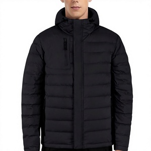 Men's Black Hooded Puffer Jacket Windproof Polyester Filling Zipper Closure Casual Winter <b>Coat</b> Regular Fit Solid Color - Product Image 2