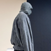 Pull à capuche de poids lourd vierge à épaules tombantes avec logo personnalisé pour hommes, sweat-shirt à capuche masqué à demi-fermeture éclair avec trou pour les yeux et délavé à l'acide