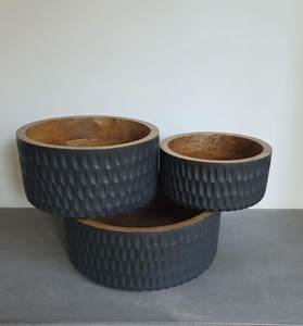 ADC Dimpled Black Exterior Wooden Bowl Set Wood Serving Bowl Round Wooden Salad Dish <b>Walnut</b> Finish for Party Snacks - Product Image 1
