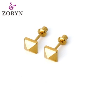 316L StainlessSteel PVD 18K Gold Plated Screw <b>Back</b> Stud <b>Earrings</b> Square Triangle Engraved Hypoallergenic Smooth Finish for Women - Product Image 1