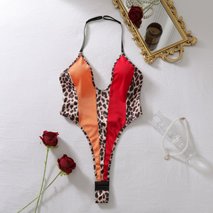 Bodysuit seksi motif leopard warna kontras, kerah V dalam, halter, tanpa punggung, selangkangan terbuka, lingerie teddy, baju renang. - Product Image 3