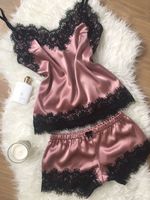 Ensemble Pyjama Satin Doux Respirant Lingerie Nuit Shorts Femme Fille Haute Qualité — Vente Flash