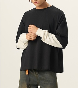 Camiseta de Manga Larga con Efecto de Dos Piezas en Contraste de Color, 100% Algodón, Corte Recto, Estilo Americano - Product Image 1