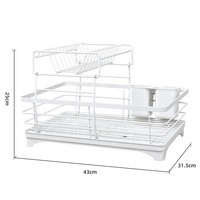 Rak pengeringan mangkuk piring dapur, logam cor tingkat ganda multifungsi dengan papan pengering dan rak penyimpanan