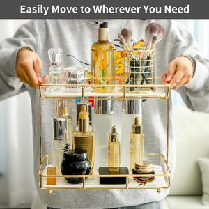 Bandeja de cerámica de mármol de 2 niveles CF con estante de acero inoxidable, organizador de maquillaje para lavabo de baño, estante de almacenamiento para encimera, bandeja de tocador - Product Image 4