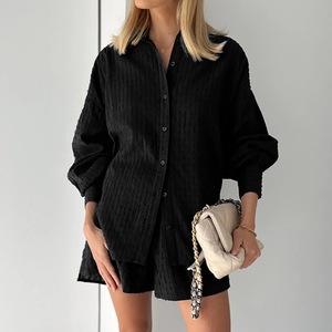Completo Estivo da Donna: Camicia a Maniche Lunghe e Pantaloncini a Vita Alta, <span class=keywords><strong>Set</strong></span> Casual da Casa, Taglie <span class=keywords><strong>S</strong></span>/5XL - Product Image 3