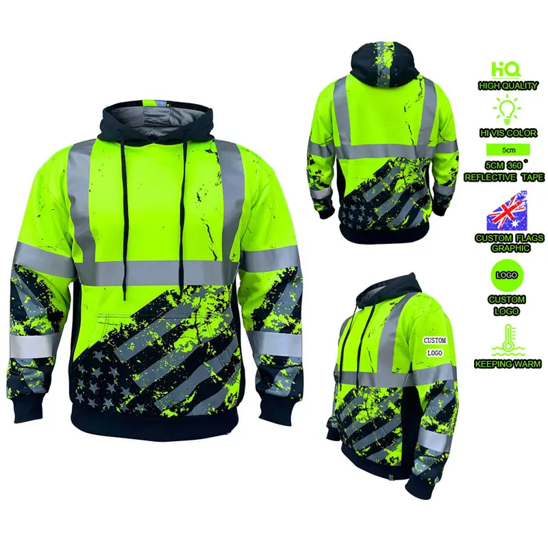 Beautiful Custom American Grit Hi Visibility Reflective ANSI Class 3 Outdoor Safety Hoodie Clothing