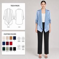 Blazer en satin bleu ciel pour femme, ouvert sur le devant, col châle drapé, revers cascade, manches trois-quarts froncées, veste courte, vente en gros