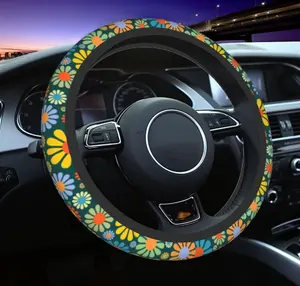 Abstract Hippie Flower Steering Wheel Cover Comfy Anti Slip Car Accessories Protector Auto Interior Decor Universal 15 Inch