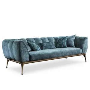 Pavão chenille azul sala sofá braço de veludo sofá base bronze vintage plana casa sofá triplo