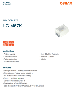 Puce LED SMD OSRAM Mini TOPLED LG M67K 570nm Vert 7.1mcd 1.8V 120 Degrés 2012 - Product Image 2