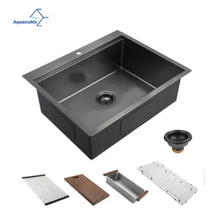 USA Free Shipping 27" X 22" Gunmetal Black Topmount Workstation 16 Gauge Stainless Steel Handmade Kitchen Sink