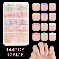 144 faux ongles carrés courts à presser, 12 tailles, colorés avec pointe française, pour le nail art DIY