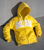 Sudadera con capucha amarilla para hombre con cremallera, letras aplicadas, estilo oversize, ropa urbana, venta al por mayor, fabricante OEM de marca privada