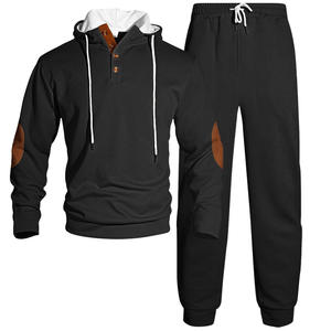 Conjunto de Sudadera con Capucha para Hombre, Diseño Jacquard Negro, Estilo Casual Deportivo, Moda Urbana Otoño Invierno, Dos Piezas - Product Image 1