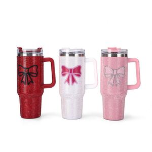 Stock Pearl Diamond 40Oz Butterfly Diamond-Inlaid Ice Bucket Travel Car Vacuum <b>Thermos</b> Tumbler Cup Mug With Handle Straw - Product Image 1
