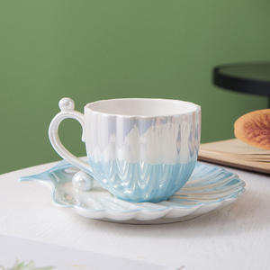Modern Ceramic Coffee <b>Cup</b> <b>Saucer</b> Set Featuring a Gradient Pearl Shell Design Eco-Friendly Minimalist Style for Business Gifts - Product Image 4