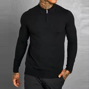 Haute qualité coton personnalisé quart fermeture éclair à manches longues Slim Fit hommes <span class=keywords><strong>Polo</strong></span> T-shirt hommes décontracté plaine fermeture éclair tricot <span class=keywords><strong>Polo</strong></span> - Product Image 3