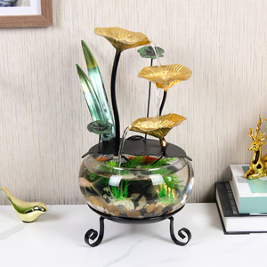Acuario Redondo Minimalista de Cristal con Diseño de Loto Dorado para Decoración de Sala de Estar u Oficina - Product Image 1