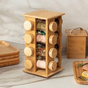 Bamboo Seasoning Rack Rotating Base Wooden Lid Spice Bottle Bamboo Rack <b>Kitchen</b> Restaurant Spice Rack - Product Image 2