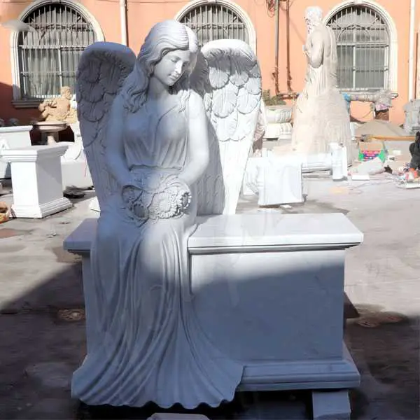 Personalizado decoración al aire libre precio barato mármol blanco bebé Ángel estatua lápida para tumbas con grabado