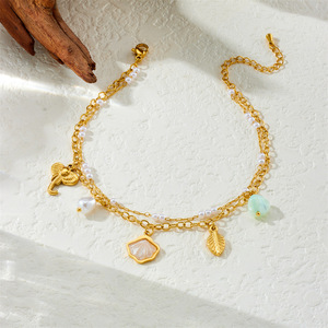 Fashionable Double Layer Anklet With <b>Shell</b> Pearl Elephant Leaf Pendant Stainless Steel Women's Foot <b>Ornament</b> - Product Image 2