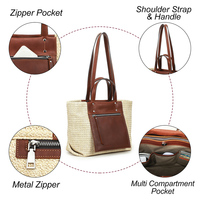 Grand sac fourre-tout d'été en paille tressée pour femme de bureau, avec bandoulière en cuir bicolore, fermeture à bouton, poche et multiples compartiments