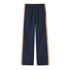 Pantalones Anchos Azul Marino para Mujer con Raya Lateral Beige, Cintura Elástica, Corte Holgado Informal, Pantalones de Punto Largos - Product Image 1