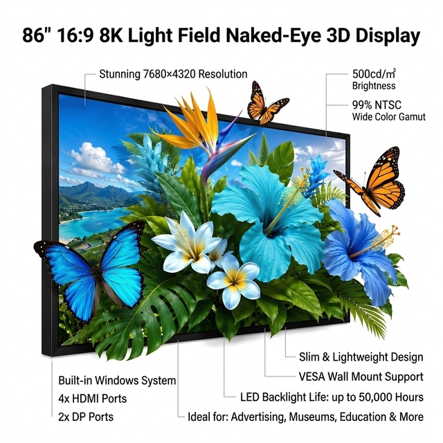 Glasses-free 3D LCD Display 86 Inch 8K 7680x4320 Windows OS Advertising Screen Super HD Dizziness-free Depth 2.5m Bright Color