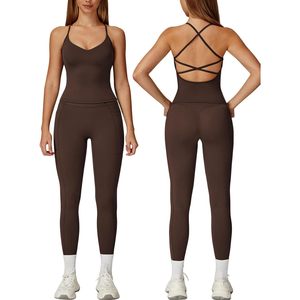 Womens Workout Set Two Piece <b>Cross</b> Back Tank <b>Top</b> High Waist Leggings Gym Outfit Yoga Clothes Breathable Spandex Polyester - Product Image 1