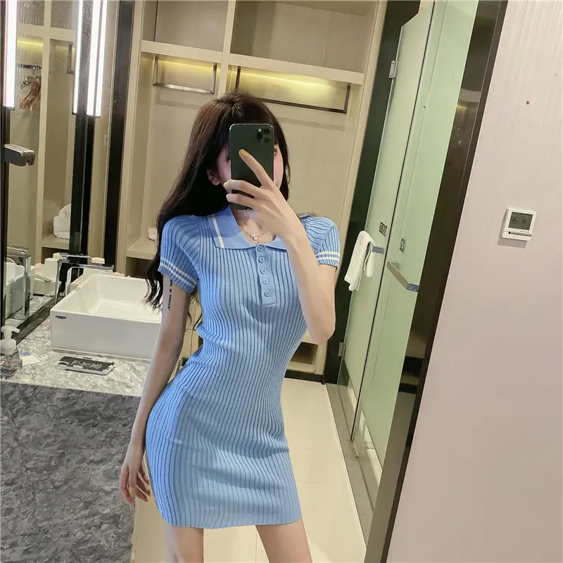 New solid color lapel POLO buttoned slim fit bag buttocks slim student knitted short-sleeved dress women