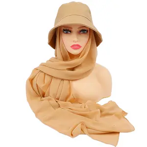 Wholesale Muslim Popular Fisherman Hat Bucket Hat Hijab Scarf for Muslim Women Hijab Cap Chiffon Instant