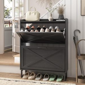 Nordic Style Double Layer <b>Shoe</b> Cabinet Black <b>Space</b> <b>Saving</b> <b>Storage</b> For Entryway And Living Room - Product Image 3