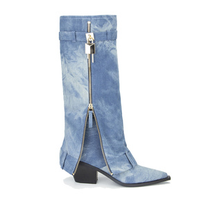Denim Metallic Lock Shark <strong>Boots</strong> Cowgirls Chunky Heels square Toe Western <strong>Boots</strong> <strong>Cowboy</strong> <strong>Boots</strong> for <strong>Women</strong> - Product Image 4