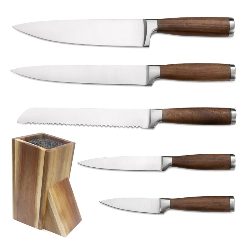Vendita calda professionale 5 pezzi Set di coltelli da cucina in acciaio inox manico in legno chef coltelli da cucina in acciaio con blocco di legno