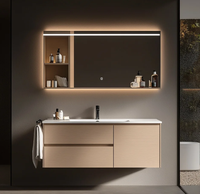 Meuble-lavabo CBMmart au design moderne imitation bois avec vasque en céramique, miroir intelligent et éclairage LED pour appartement